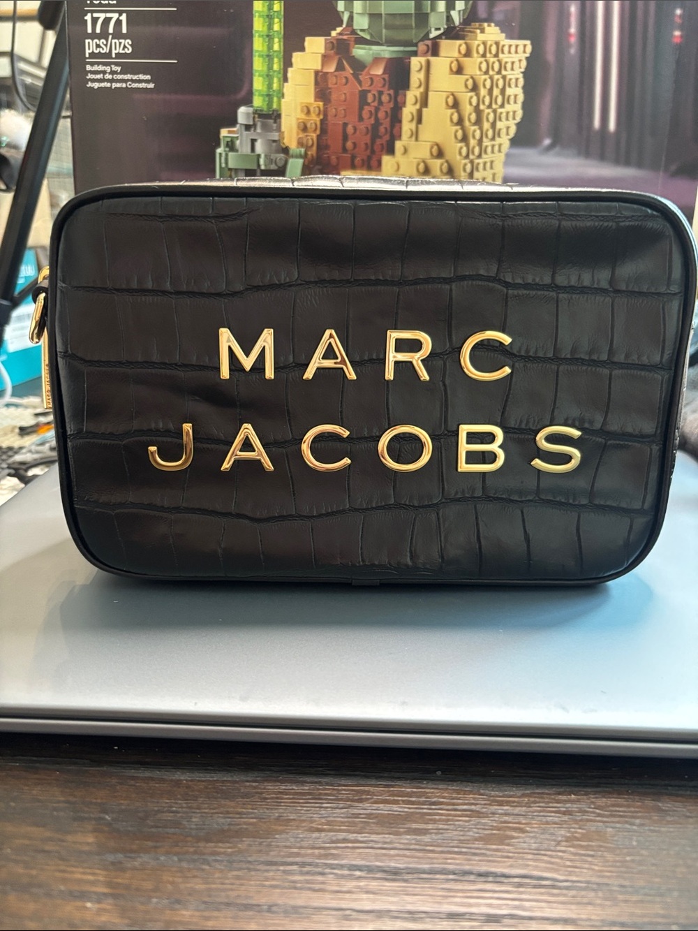 Marc Jacobs Black Croc-Embossed Toiletry Pouch with Gold Logo